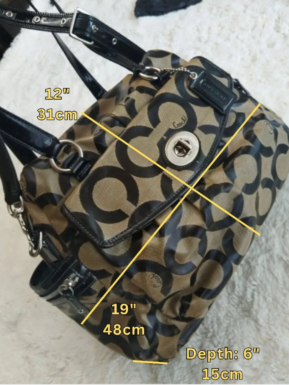 Coach Optic Signature C Baby Diaper Bag Tote Khaki Black Leather F14732